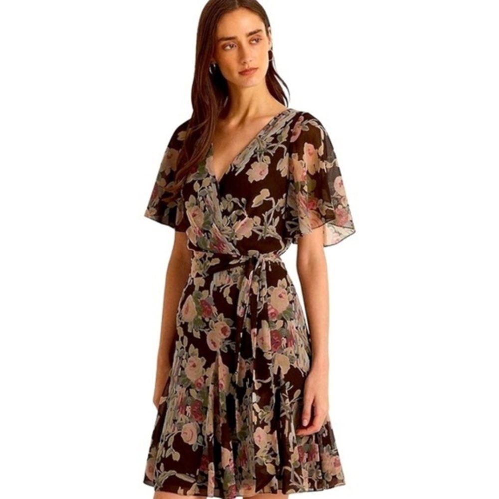 Lauren Ralph Lauren Rose Print Surplice Midi Dress – Brown – Size 12 – Like New